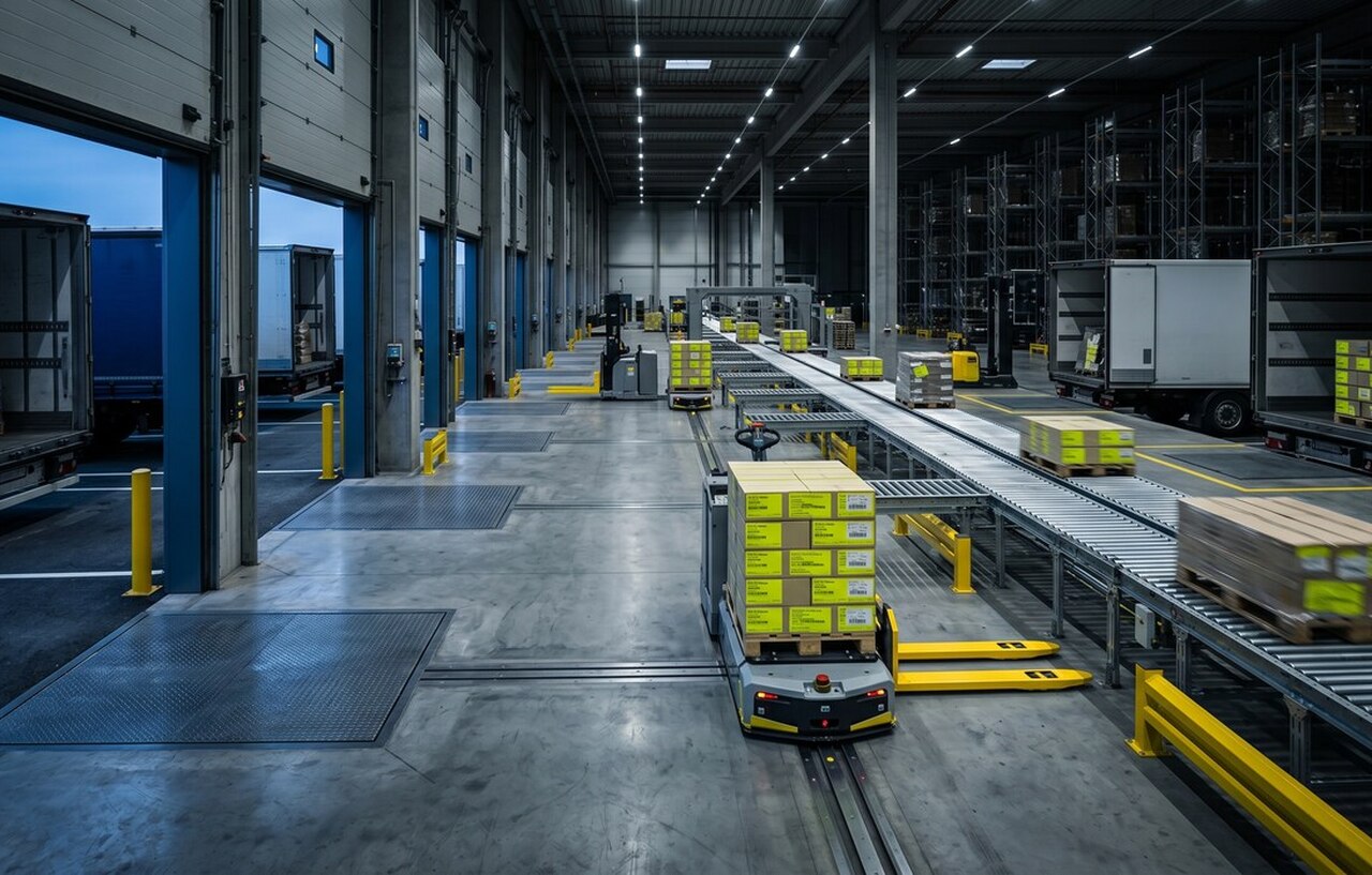 Nowoczesny magazyn cross-dockingowy z automatycznym systemem transportu palet, liniami rolkowymi i rampami przeładunkowymi do szybkiej dystrybucji towarów.