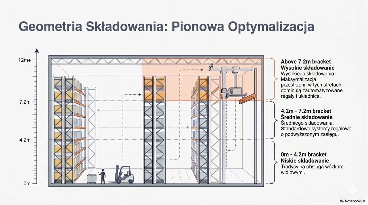 podział magazynów wysokiego, średniego i niskiego składowania w logistyce infografika