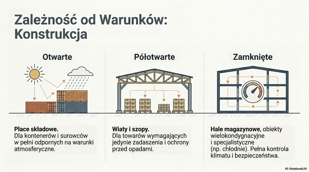 podział magazynów według konstrukcji: otwarte, półotwarte, zamknięte infografika