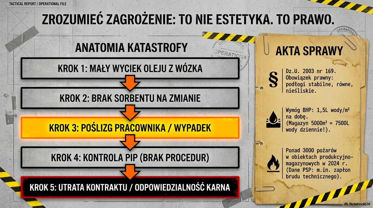 Schemat zagrożeń w hali magazynowej pokazujący skutki wycieku oleju z wózka widłowego i konsekwencje kontroli PIP dla operatora logistycznego.