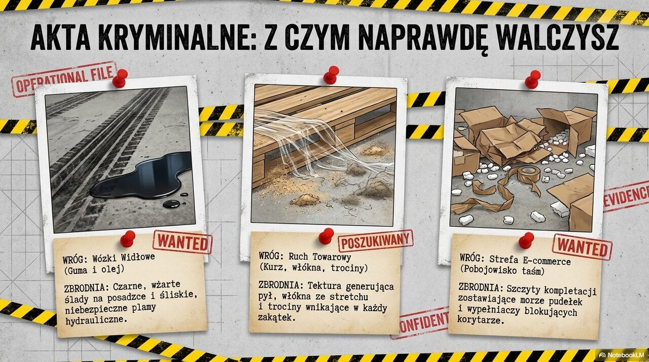 System prewencji zabrudzeń w hali magazynowej obejmujący maty śluzowe, kontrolę wycieków z wózków i procedury dla stref zrzutu odpadów.