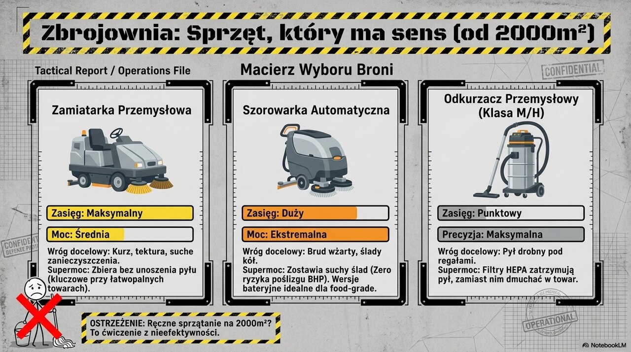 rodzaje sprzętów czyszczących na magazynie: zamiatarki, szorowarki, odkurzacz przemyslowy