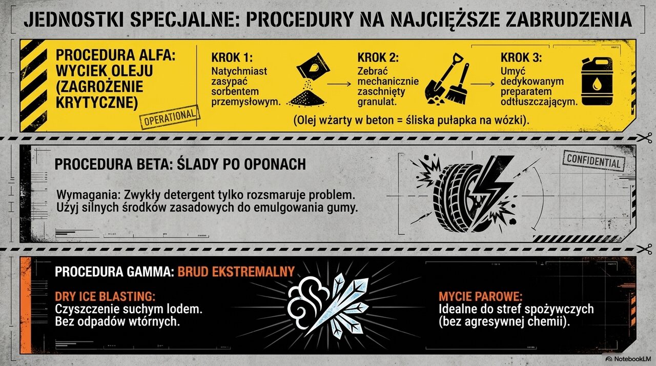 Procedury usuwania trudnych zabrudzeń w magazynie – wycieki oleju, ślady po oponach oraz czyszczenie suchym lodem i parą technologiczną.