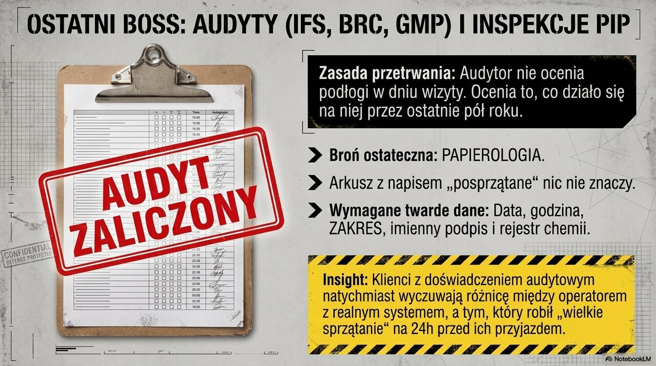Dokumentacja sprzątania i przygotowanie magazynu do audytu IFS, BRC oraz kontroli PIP w centrum logistycznym.