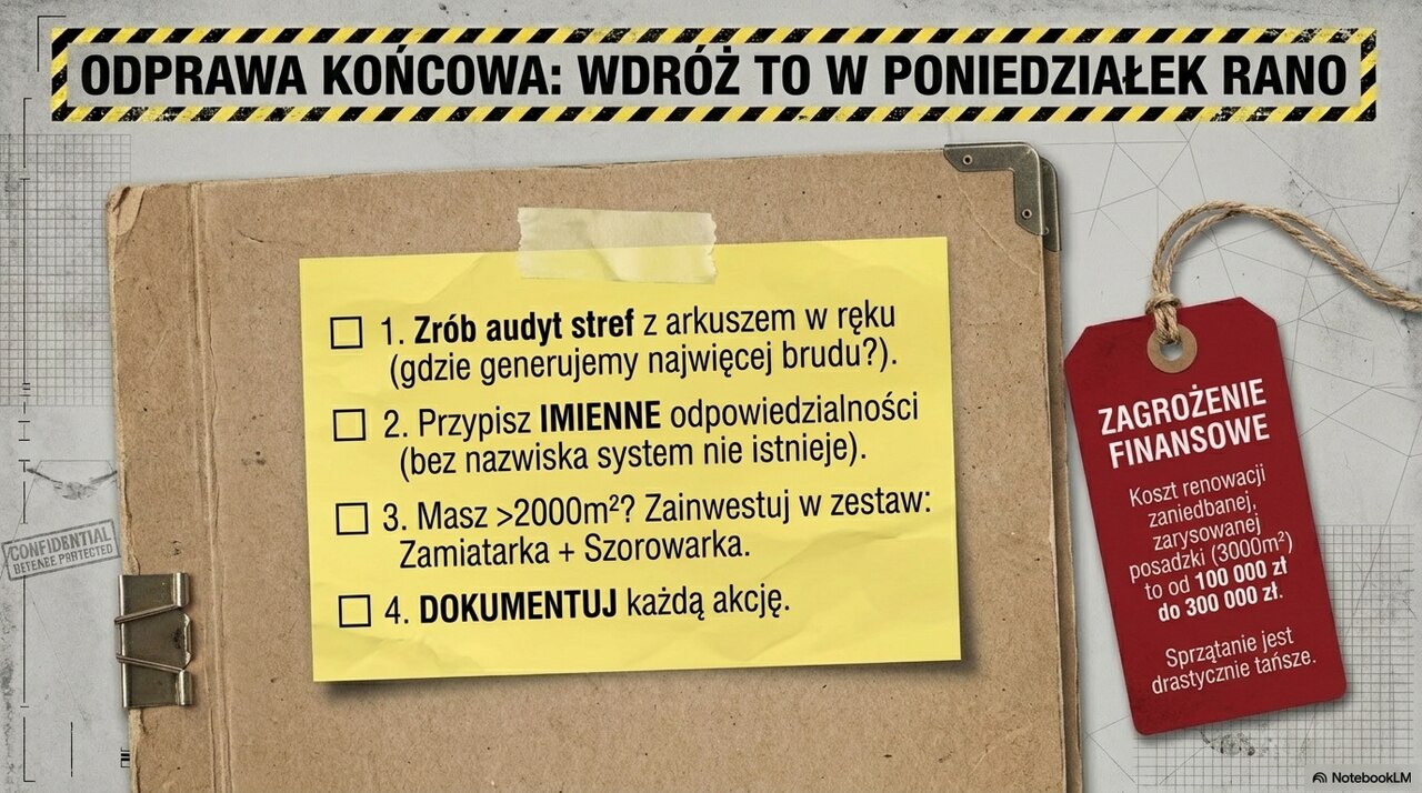 Lista działań dla kierownika magazynu dotycząca wdrożenia systemu utrzymania czystości i dokumentowania prac porządkowych.