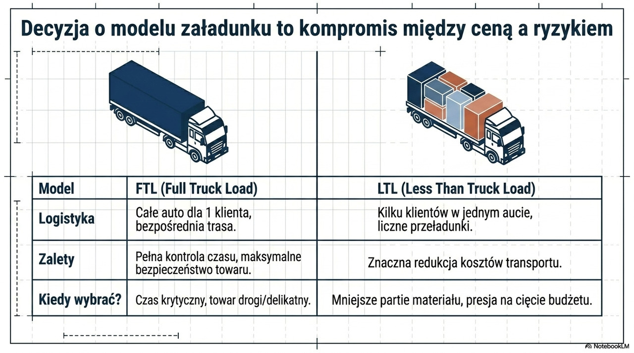 Tabela porównująca transport FTL i LTL pod kątem kosztów, logistyki, bezpieczeństwa towaru i zastosowania w transporcie drogowym.