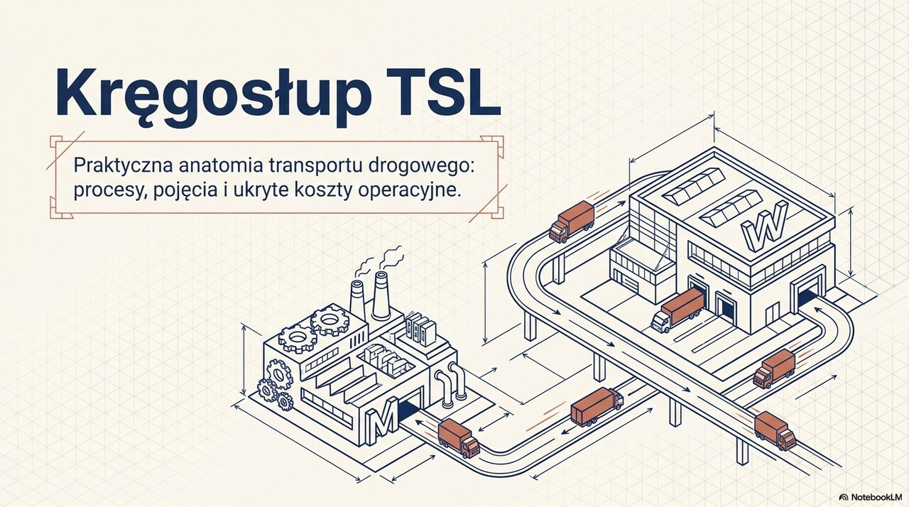 Grafika prezentująca transport drogowy jako fundament branży TSL oraz połączenie procesów magazynowych i logistycznych.