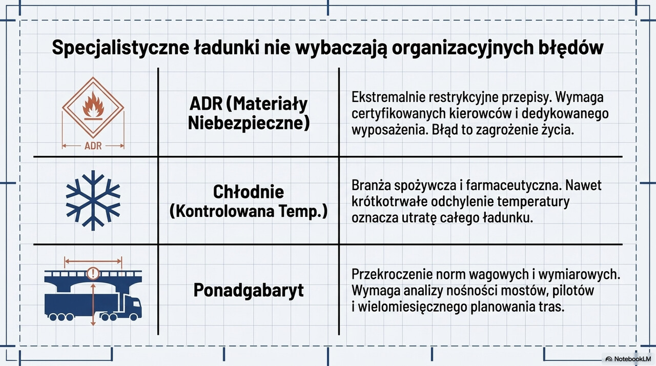 nfografika przedstawiająca specjalistyczne rodzaje transportu drogowego: ADR, chłodnie oraz transport ponadgabarytowy wraz z najważniejszymi zagrożeniami operacyjnymi.