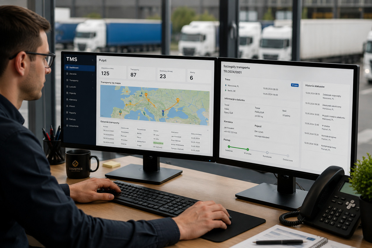 Nowoczesny system TMS widoczny na monitorach spedytora koordynującego transport drogowy w nowoczesnej firmie logistycznej.