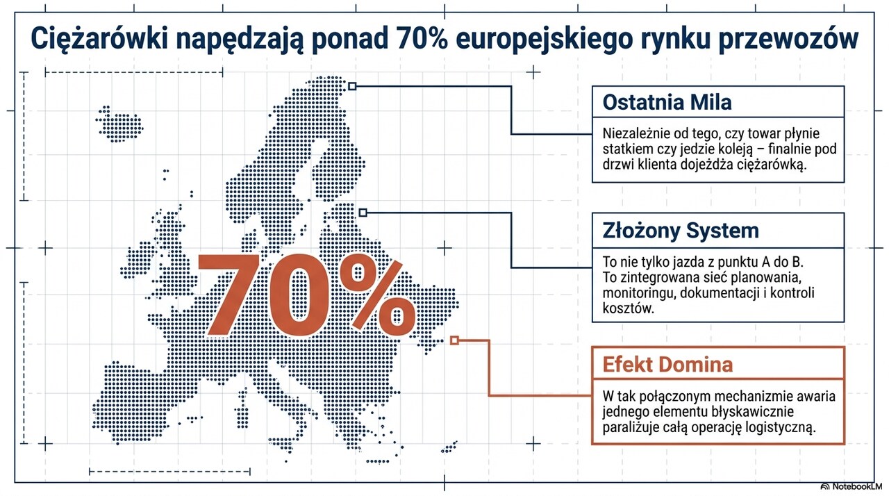 Infografika pokazująca znaczenie transportu drogowego w Europie oraz rolę ciężarówek w ostatniej mili i nowoczesnym systemie logistycznym.