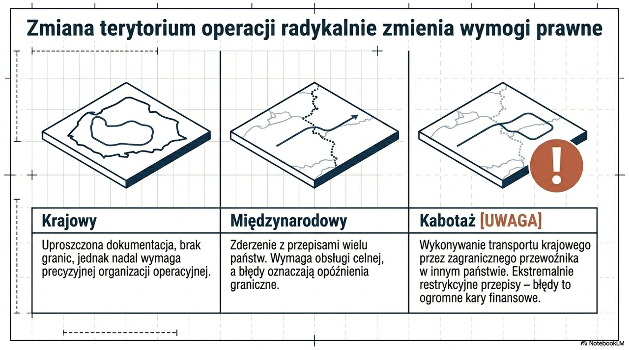 Porównanie transportu krajowego, międzynarodowego i kabotażu wraz z różnicami w dokumentacji oraz wymaganiach prawnych.