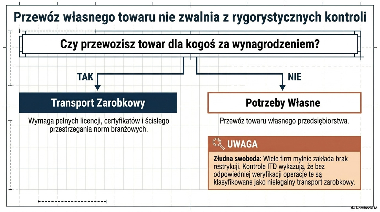 Schemat pokazujący różnice między transportem zarobkowym a transportem na potrzeby własne oraz wymagania kontrolne w branży TSL.