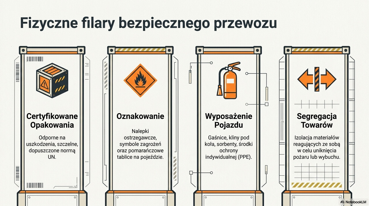 Infografika przedstawiająca cztery filary bezpiecznego transportu ADR: certyfikowane opakowania, oznakowanie, wyposażenie pojazdu i segregację towarów.