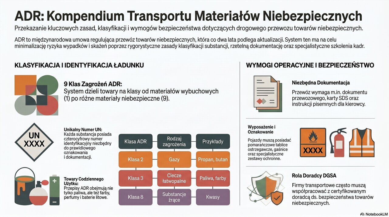 Infografika ADR przedstawiająca klasy zagrożeń, numer UN, wymagania dokumentacyjne i zasady bezpiecznego transportu materiałów niebezpiecznych.