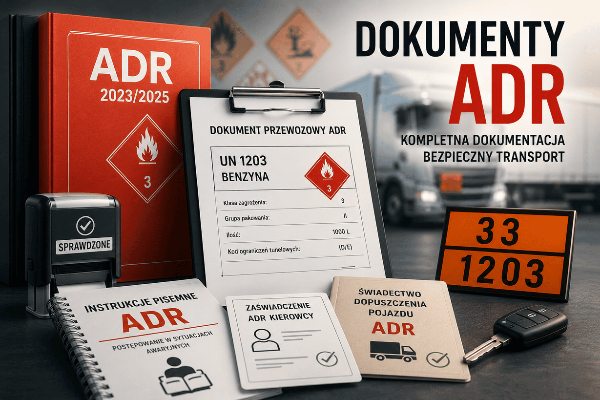 Infografika przedstawiająca obowiązkowe dokumenty ADR, najczęstsze błędy podczas kontroli oraz informację o aktualizacji przepisów ADR co dwa lata.