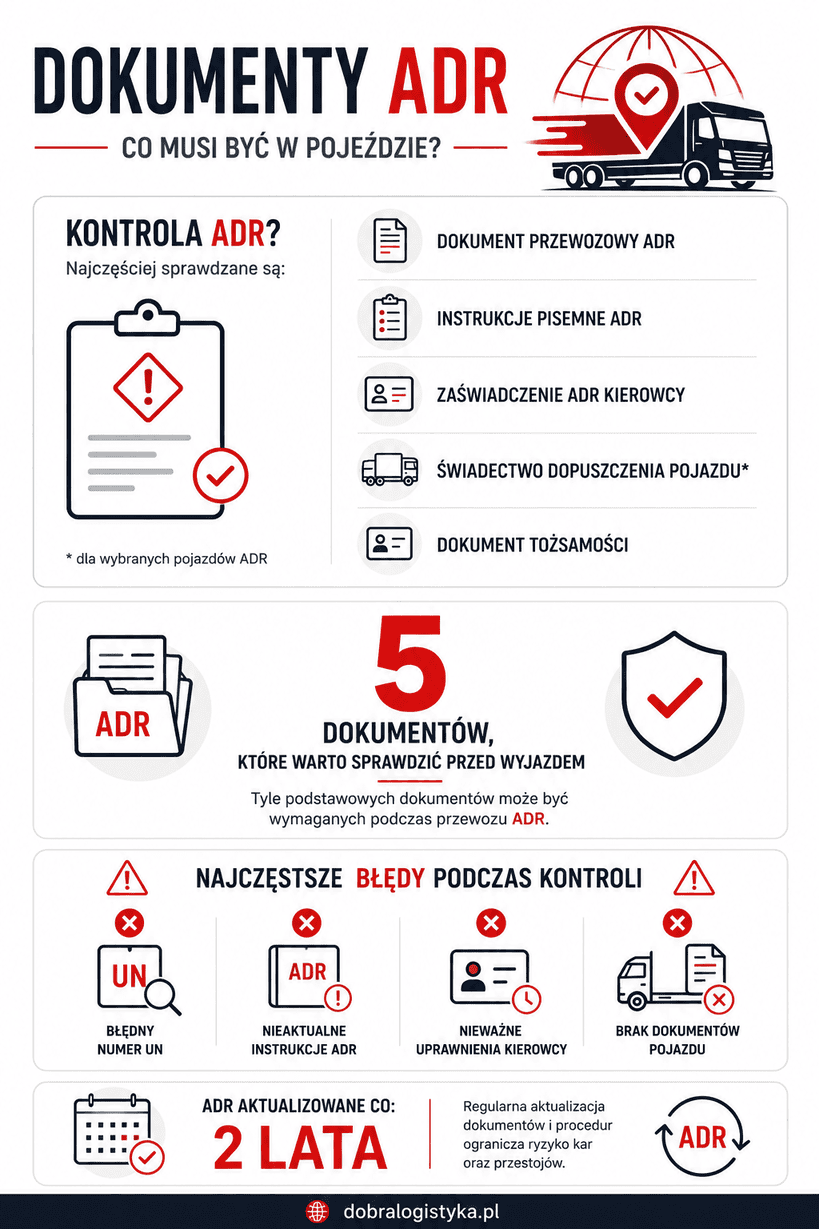 Infografika pokazująca dokument przewozowy ADR, instrukcje pisemne, zaświadczenie kierowcy ADR oraz najczęściej wykrywane nieprawidłowości podczas kontroli drogowych.