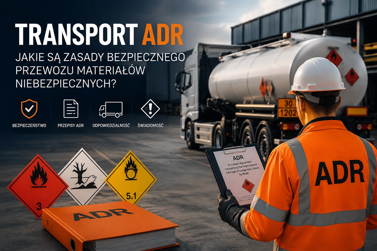 Cysterna ADR i pracownik podczas kontroli przewozu materiałów niebezpiecznych na terenie zakładu przemysłowego.