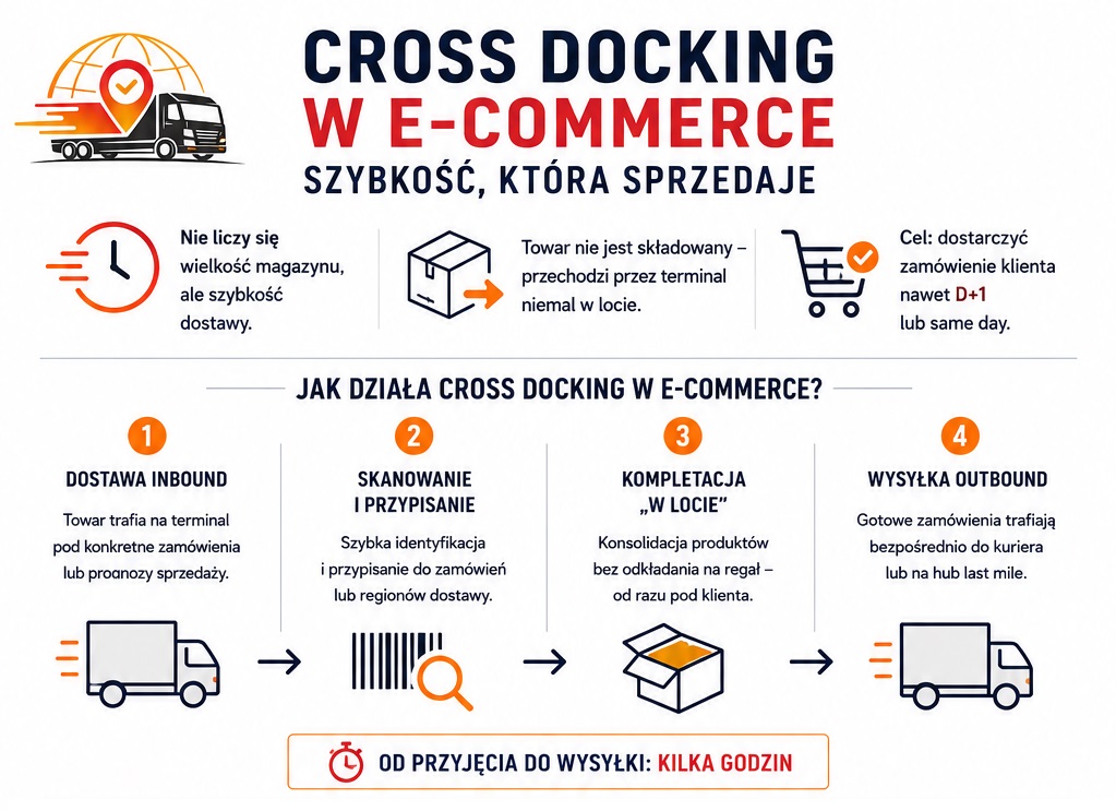 Infografika przedstawiająca, jak działa cross docking w e-commerce – od dostawy do wysyłki zamówienia.