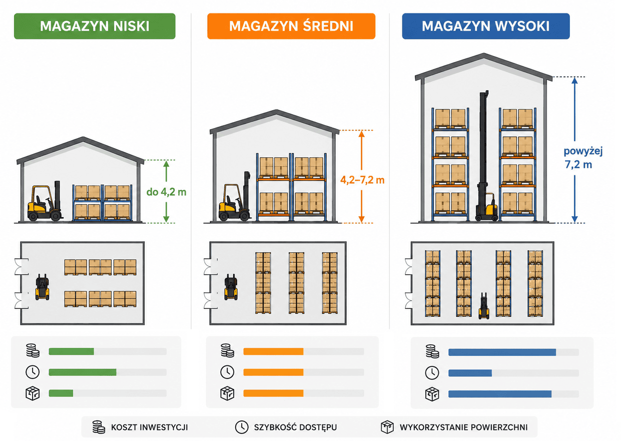 Schemat porównujący magazyn niskiego, średniego i wysokiego składowania oraz wysokość składowania do 4,2 m, 4,2–7,2 m i powyżej 7,2 m.