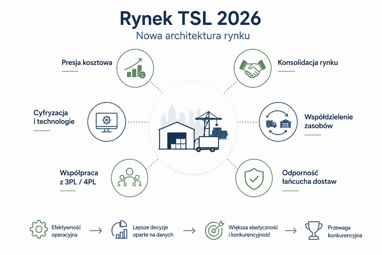 Infografika przedstawiająca najważniejsze zmiany na rynku TSL w 2026 roku: cyfryzację, konsolidację, współdzielenie zasobów i rozwój 3PL/4PL.