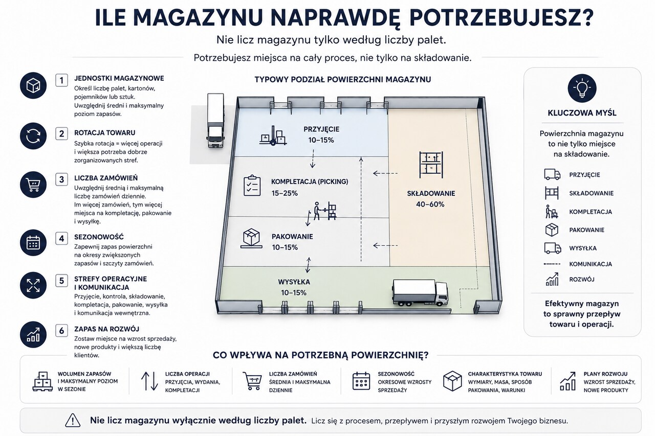 Infografika „Ile magazynu naprawdę potrzebujesz?” pokazująca czynniki wpływające na zapotrzebowanie na powierzchnię magazynową: liczbę jednostek magazynowych, rotację towaru, liczbę zamówień, sezonowość, strefy operacyjne i zapas miejsca na rozwój.