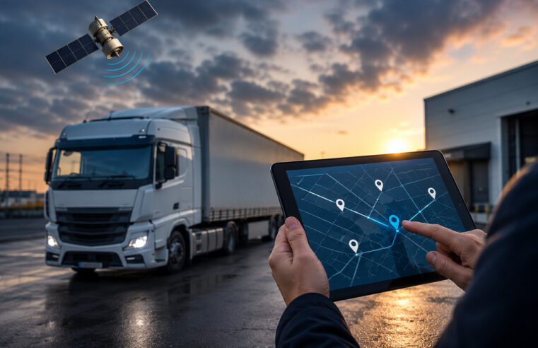 Ciężarówka na tle centrum logistycznego i zachodu słońca oraz tablet z mapą i lokalizacją pojazdu, ilustrujące monitoring GPS w transporcie.