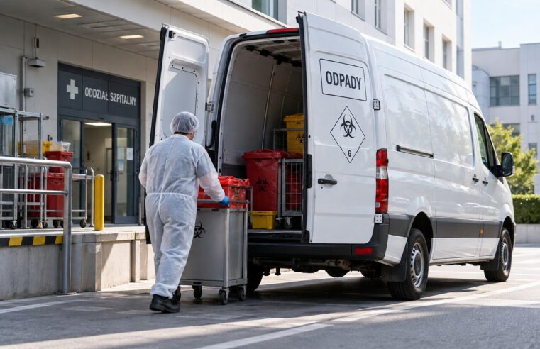 Transport odpadów medycznych przy szpitalu – pracownik załadowujący pojemniki do samochodu