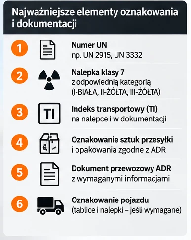 Najważniejsze elementy oznakowania i dokumentacji ADR dla materiałów promieniotwórczych klasy 7: numer UN, nalepka ostrzegawcza, indeks transportowy, oznakowanie przesyłek, dokument przewozowy i oznakowanie pojazdu.