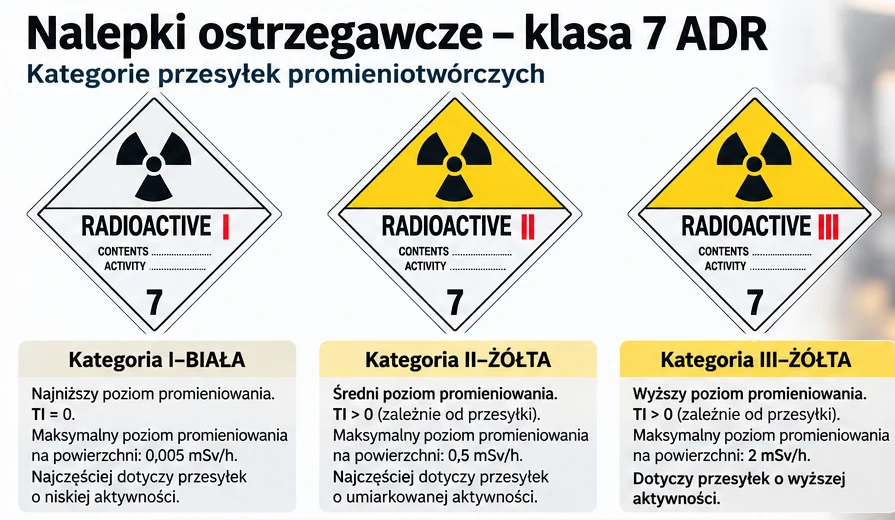 Porównanie trzech kategorii nalepek ADR dla materiałów promieniotwórczych: I-BIAŁA, II-ŻÓŁTA i III-ŻÓŁTA, z informacją o indeksie transportowym TI.