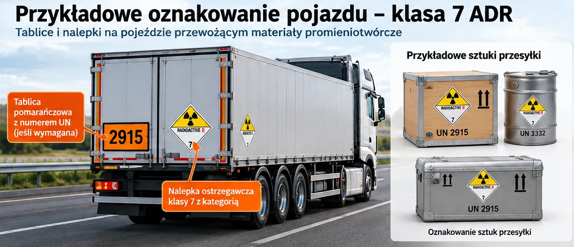 Przykłady oznakowania przesyłek i pojazdu przewożącego materiały promieniotwórcze klasy 7 ADR.
