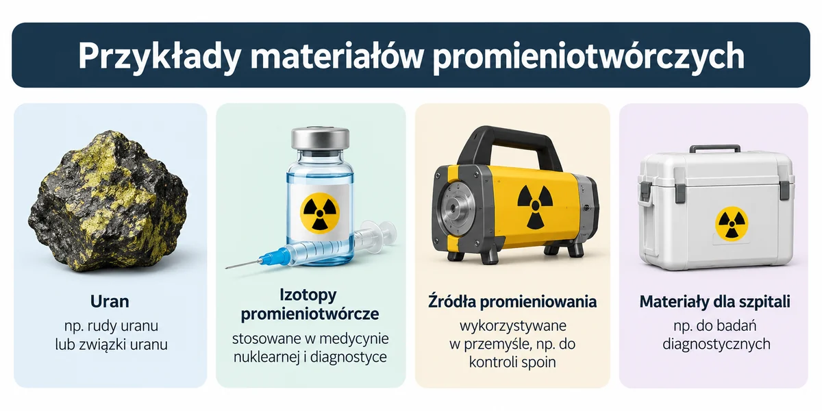 Przykłady materiałów promieniotwórczych: uran, izotopy stosowane w medycynie nuklearnej, przemysłowe źródła promieniowania i materiały wykorzystywane w diagnostyce medycznej.