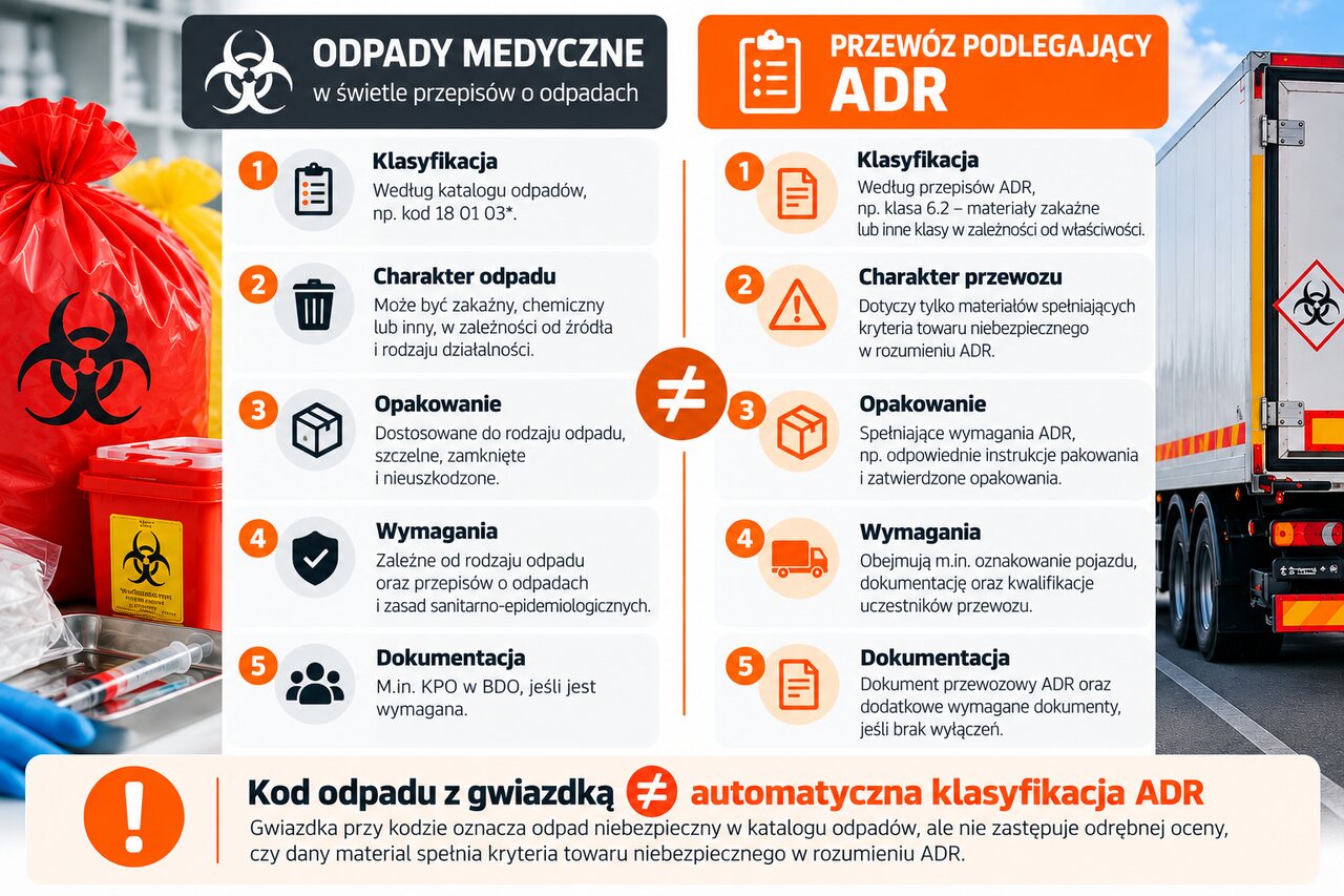 Porównanie wymagań dotyczących odpadów medycznych i transportu podlegającego ADR