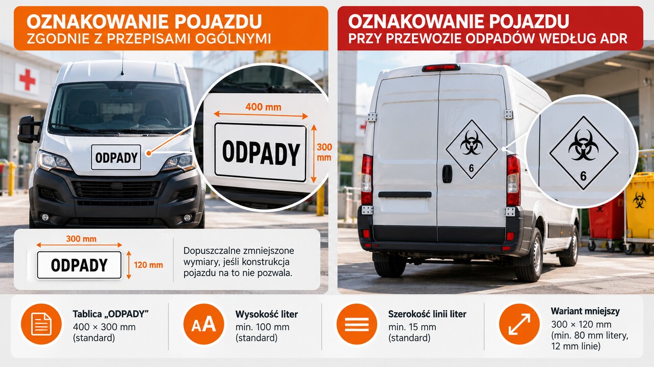 Oznakowanie pojazdu do transportu odpadów medycznych – tablica „ODPADY” i oznakowanie ADR