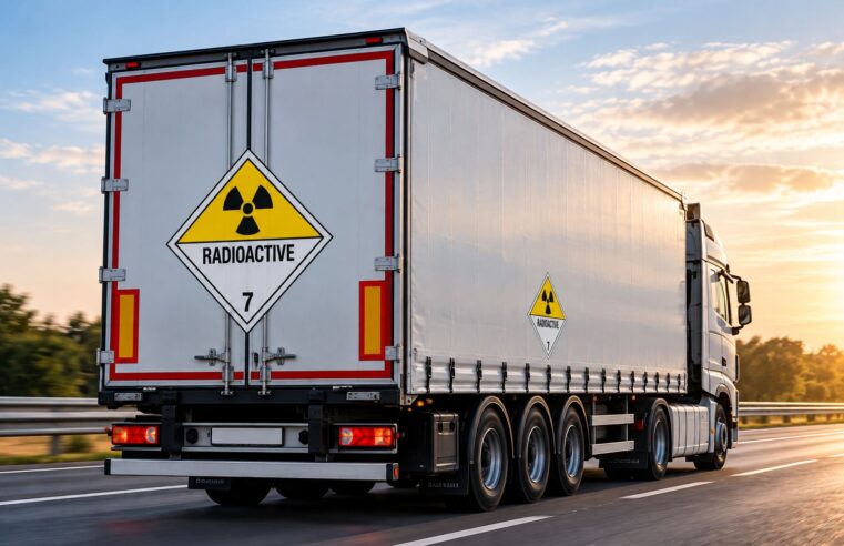 Samochód ciężarowy oznakowany nalepkami ADR klasy 7 podczas transportu materiałów promieniotwórczych